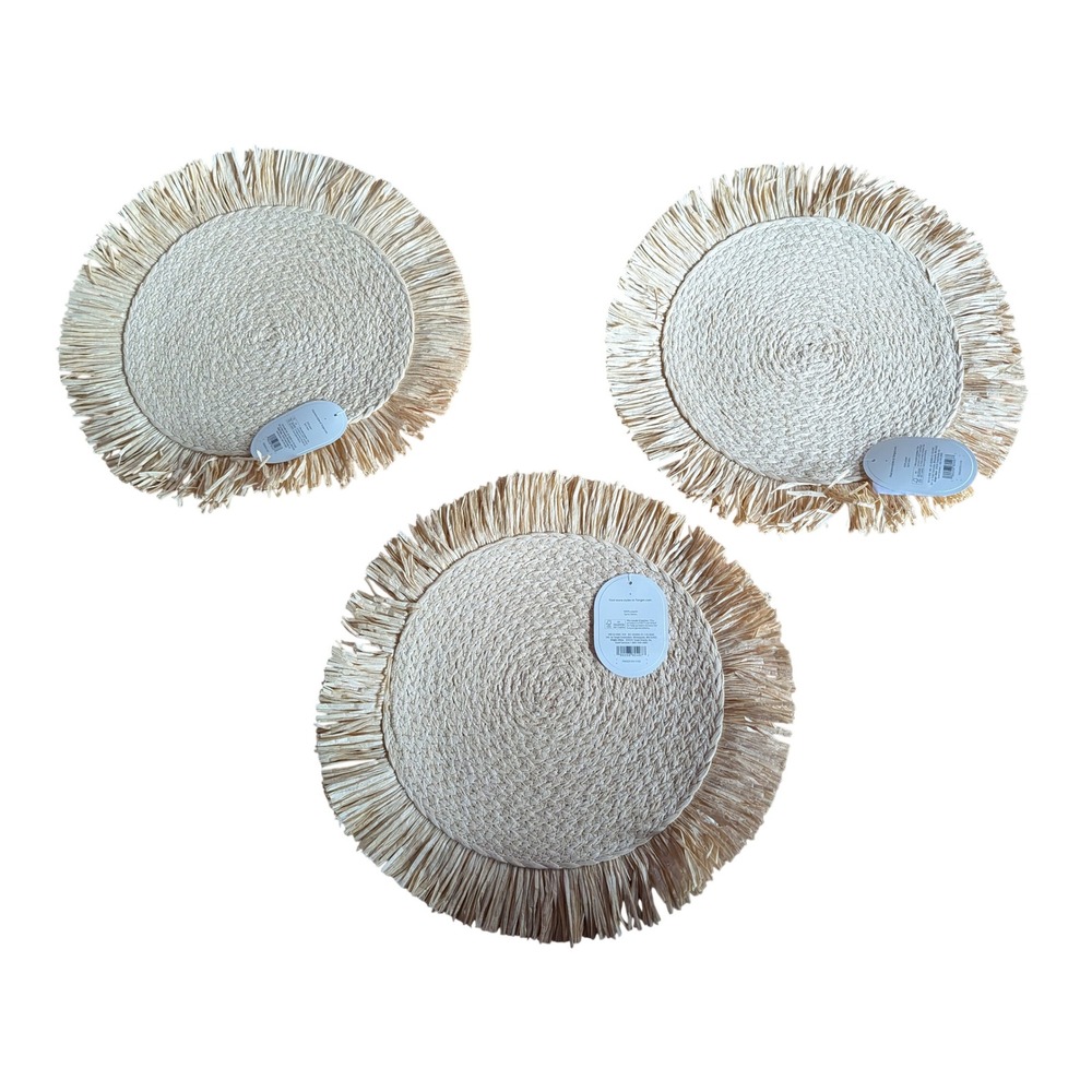Threshold Placemat Set of 3 OS Natural New Braided Round Fringe Coastal Boho